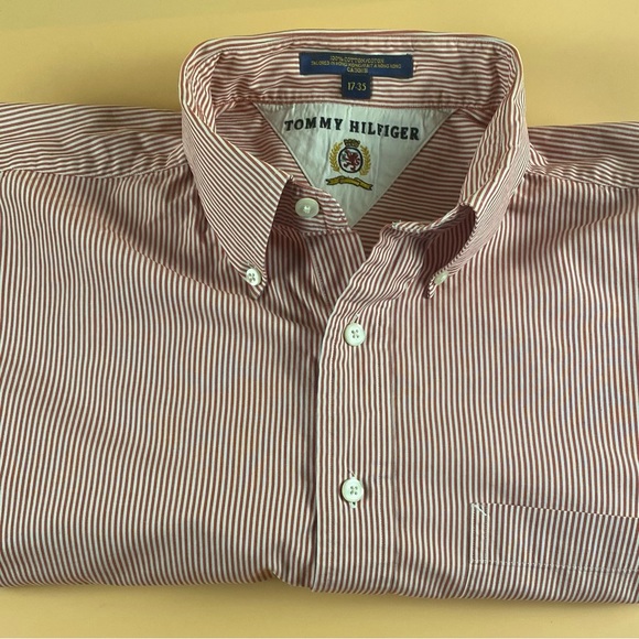 Tommy Hilfiger | Men’s All Cotton Button Down Logo Shirt Red/White | Size 17-35 - Picture 2 of 10